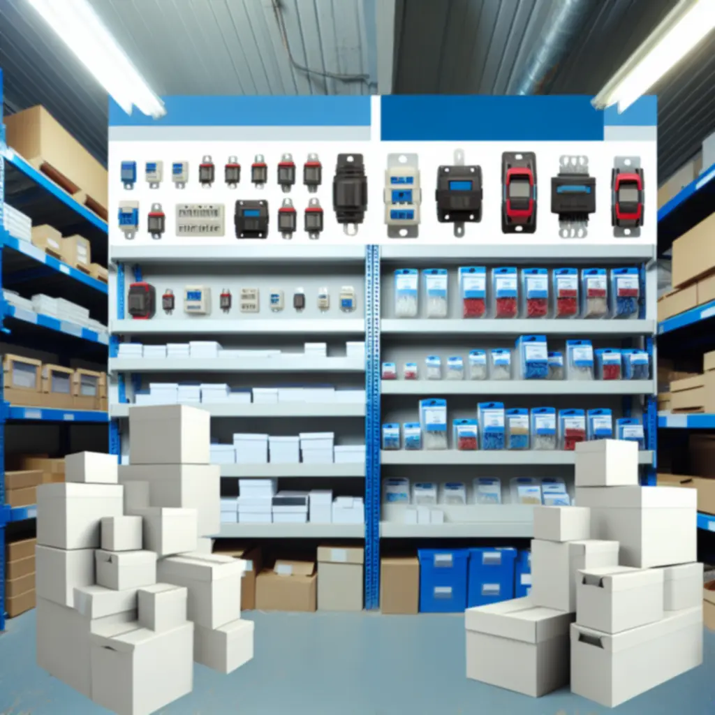 Kismegszakítók és védelmi készülékek rendezett polcon, ipari jellegű környezetben