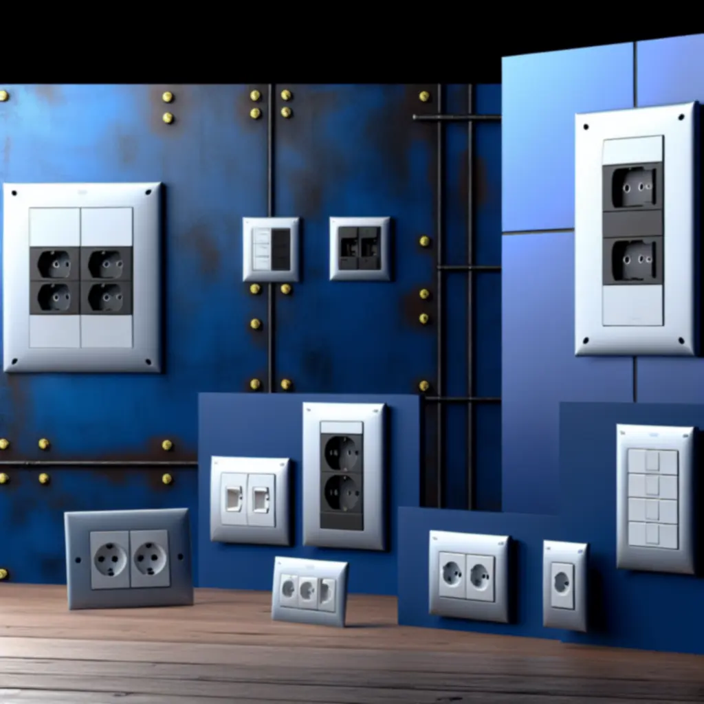 Modern kapcsolók és dugaljak termékcsalád ipari stílusú hátterű bemutatón