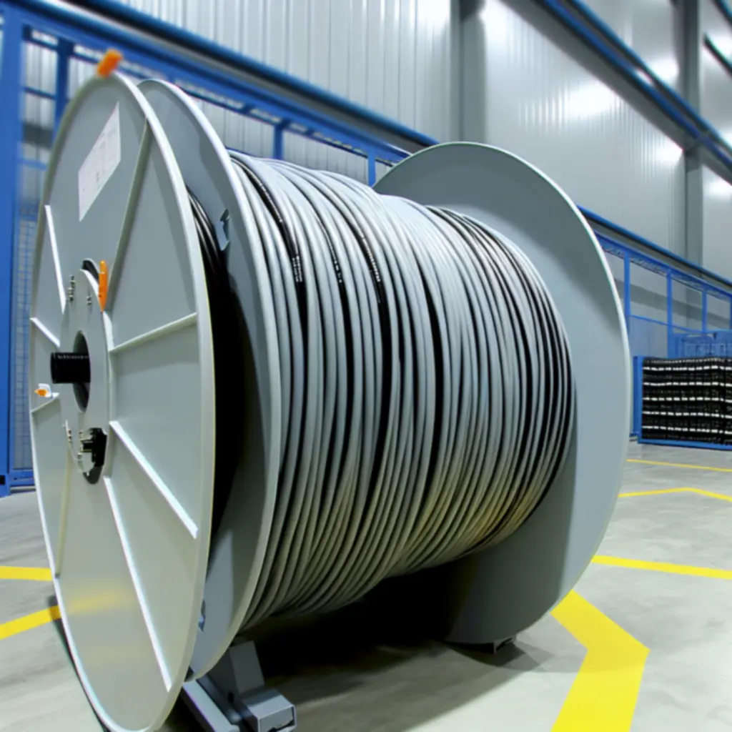 Ipari környezetben feltekert energia- és vezérlőkábelek rendezett sorban